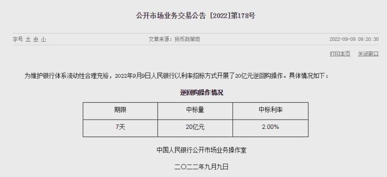 央行开展20亿元7天期逆回购操作，中标利率2.0%