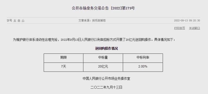 央行开展20亿元7天期逆回购操作，中标利率2.0%