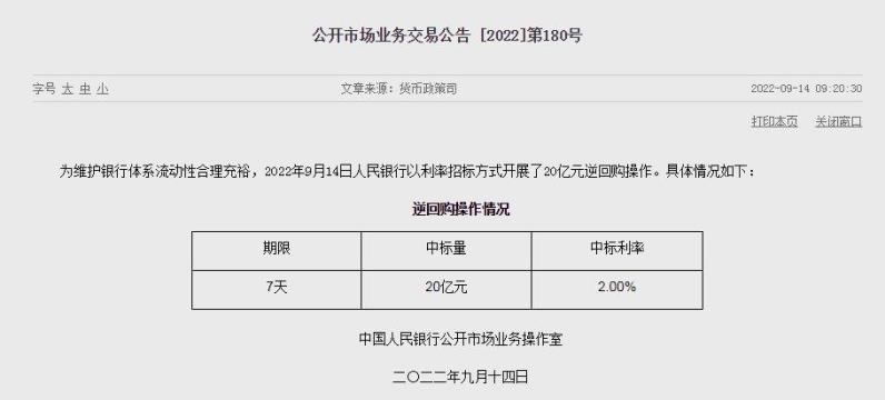 央行开展20亿元7天期逆回购操作，中标利率2.0%