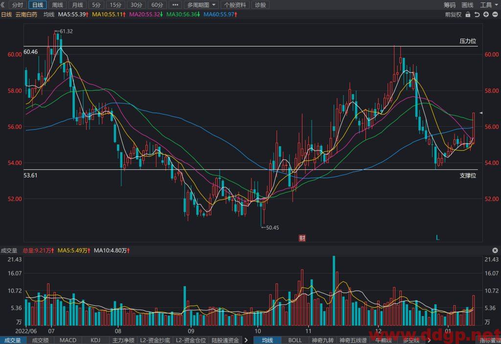 云南白药股价趋势预测及交易区间-2023.1.13