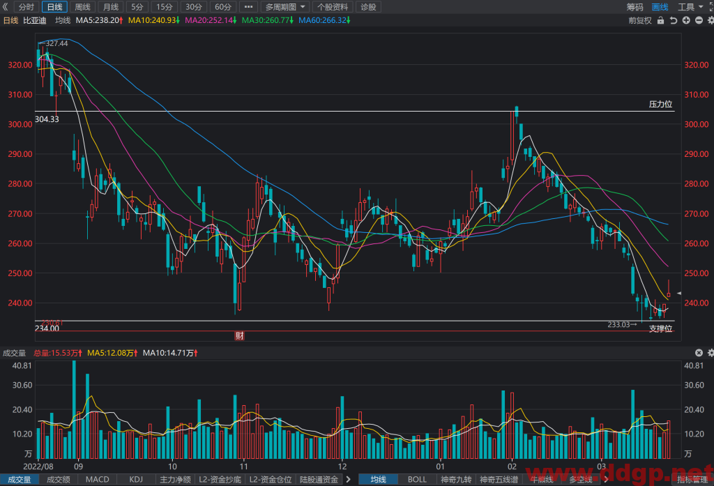 比亚迪股价趋势，目标价，止损价，支撑位，压力位预测和K线形态及财报分析-2023.3.22