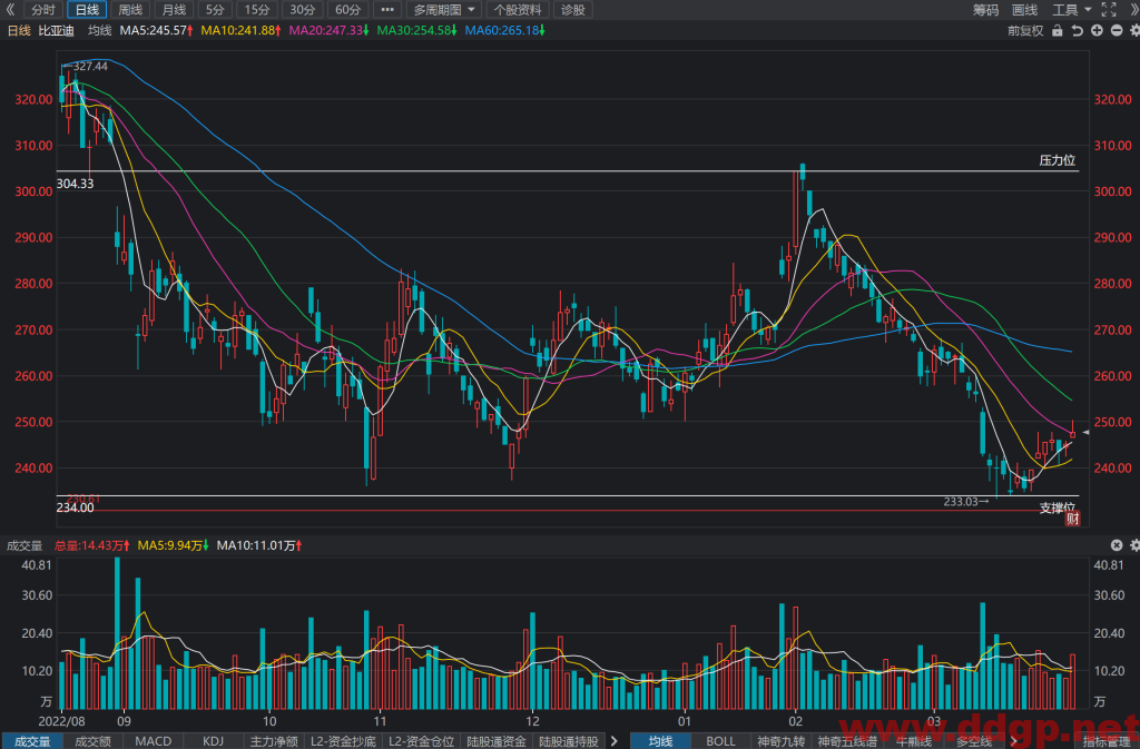 比亚迪股价趋势,目标价,止损价,支撑位,压力位预测和K线形态及财报分析-2023.3.29