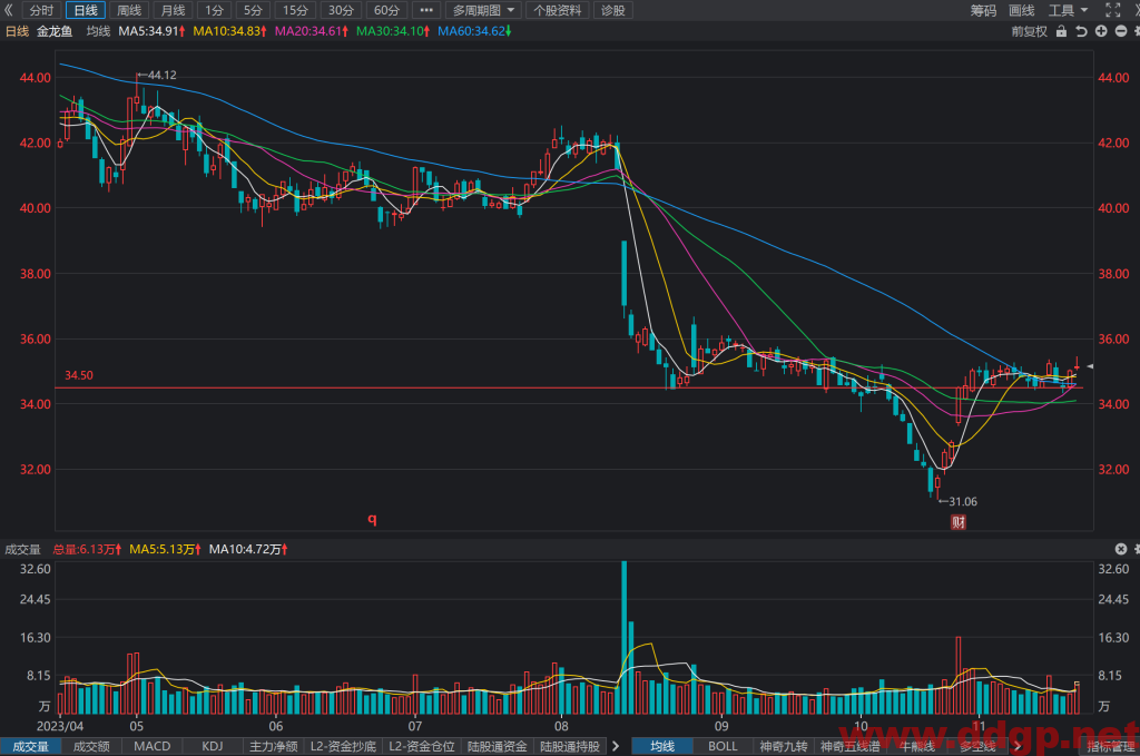 金龙鱼(300999)股价走势,年报和半年报,估值,K线图分析与预测-2023.11.21