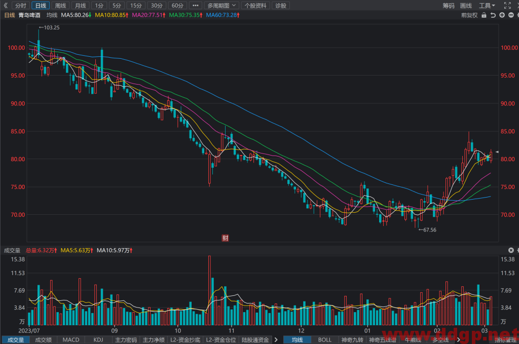 青岛啤酒(600600) 股价走势和K线图分析预测-2024.3.5